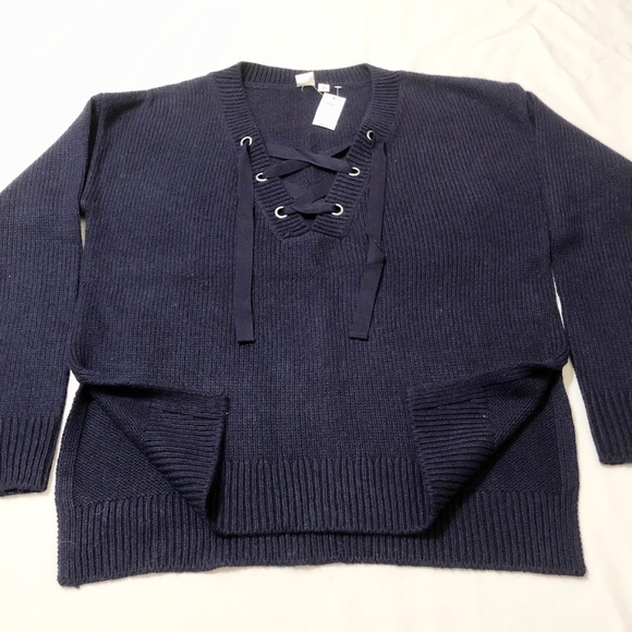 Gap Women’s Chunky Navy Blue Long Sleeve Lace-Up V-Neck Sweater w/Side Slits - L - Picture 11 of 16